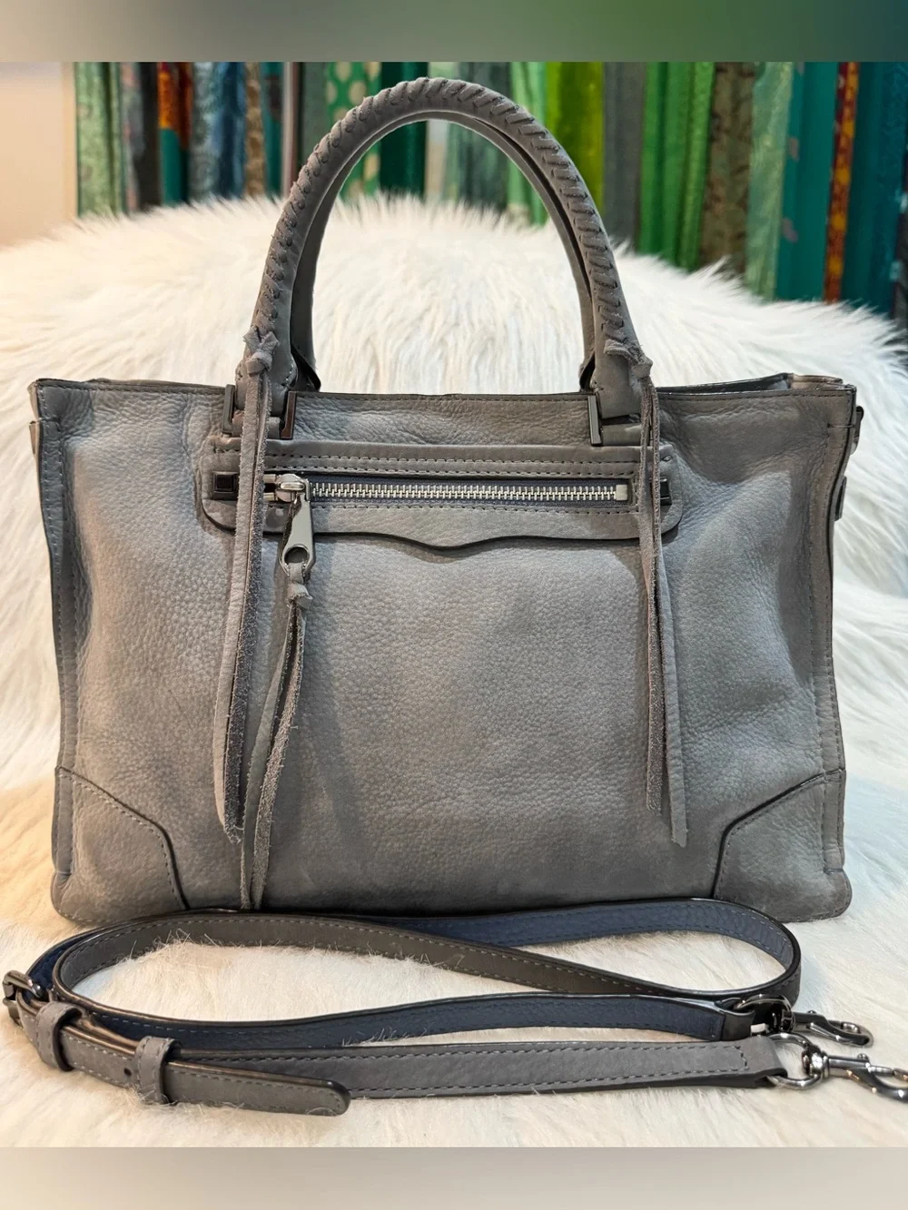 Rebecca Minkoff Regan Nubuck Leather Satchel Tote Crossbody Tassels Gray GUC
